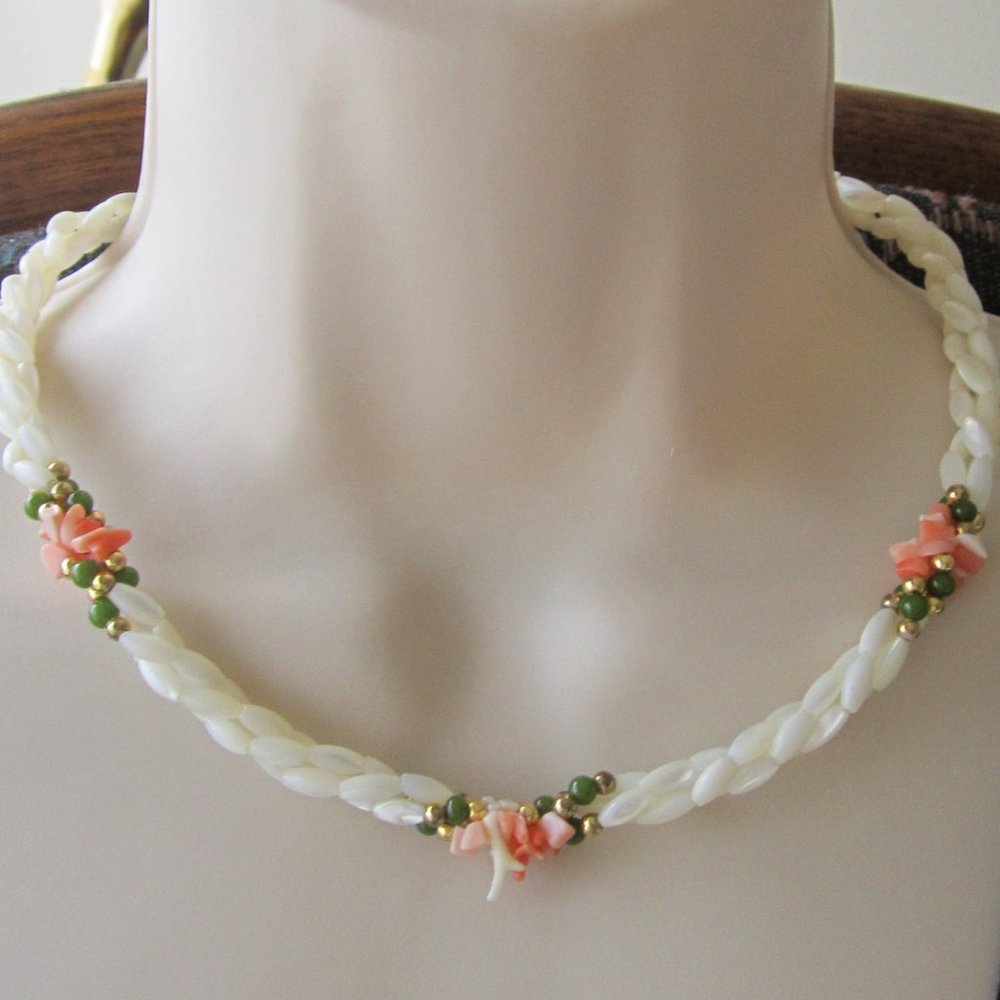 Vintage Mother of Pearl Necklace with Coral & Jade